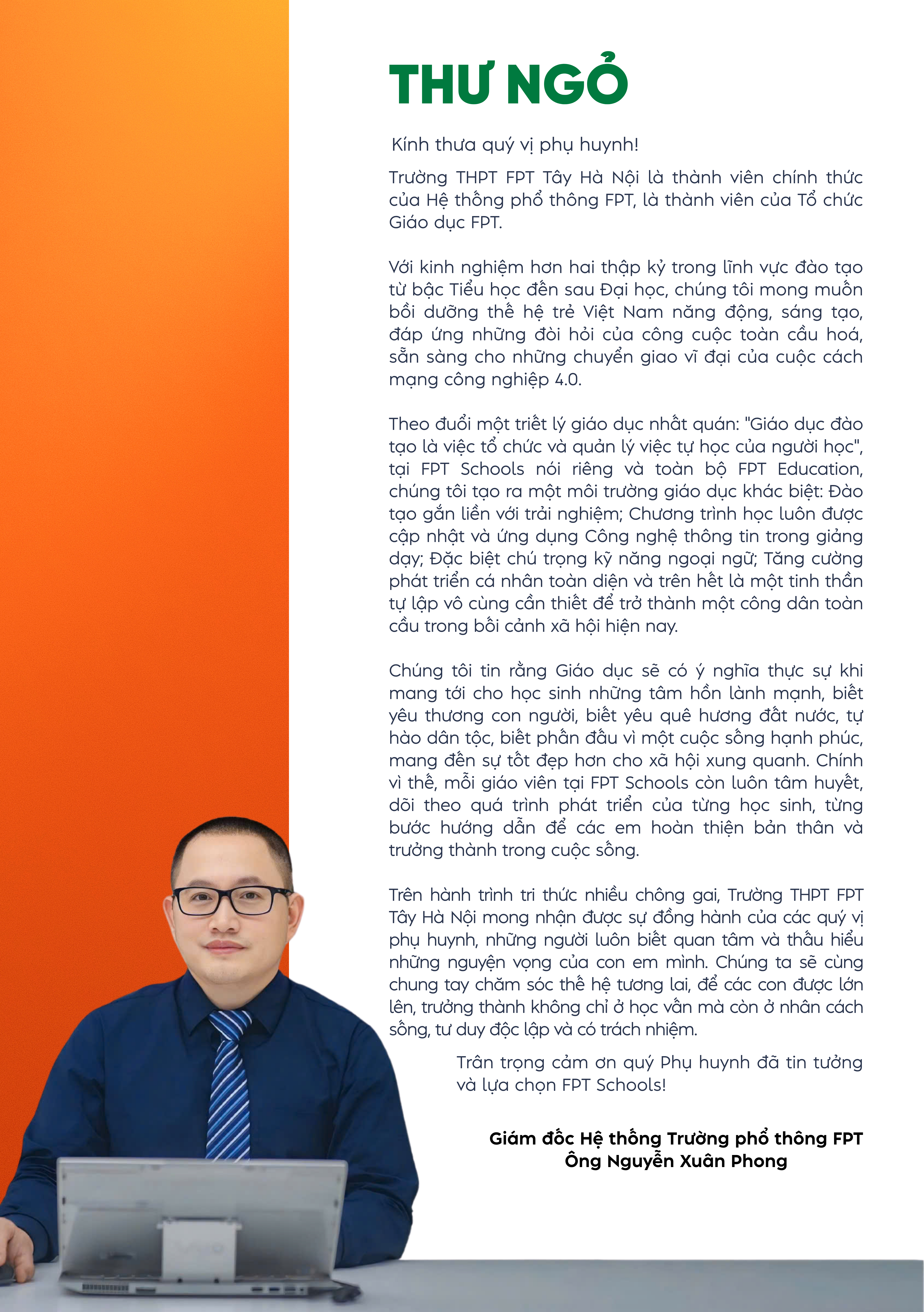 THƯ NGỎ Kính thưa quý vị phụ huynh! Trường THPT Tây Hà Nội là thành viên chính thức của Hệ thống phổ thông FPT, là thành viên của Tổ chức Giáo dục FPT. Nhà trường đang trong quá trình x (2)